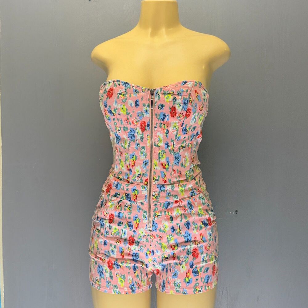 Carmin Los Angeles Y2K Pink Floral | Zip Front Strapless Romper | S